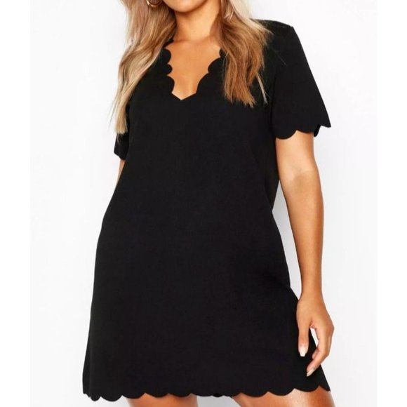 Boohoo Womens Size 22 Scallop Edge V Neck Black Shift Short Dress Tunic Stretch - Picture 6 of 11